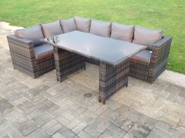 Fimous Lounge Rattan Corner Sofa Set Outdoor Garden Furniture Rectangular Dining Table Chair Set in Dark Grey - image 1