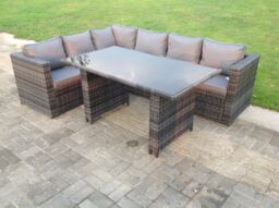 Fimous Lounge Rattan Corner Sofa Set Outdoor Garden Furniture Rectangular Dining Table Chair Set in Dark Grey - thumbnail 1