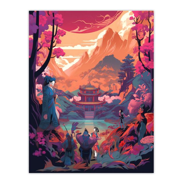 Artery8 Wall Art Print Traditional Kabuki Theatre Performance Scene Painting Vivid Pink Purple Orange Blue Temple in Dramatic Japan Mountain Lake - image 1