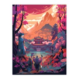 Artery8 Wall Art Print Traditional Kabuki Theatre Performance Scene Painting Vivid Pink Purple Orange Blue Temple in Dramatic Japan Mountain Lake - thumbnail 1