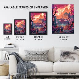 Artery8 Wall Art Print Traditional Kabuki Theatre Performance Scene Painting Vivid Pink Purple Orange Blue Temple in Dramatic Japan Mountain Lake - thumbnail 3