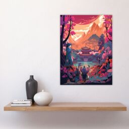 Artery8 Wall Art Print Traditional Kabuki Theatre Performance Scene Painting Vivid Pink Purple Orange Blue Temple in Dramatic Japan Mountain Lake - thumbnail 4