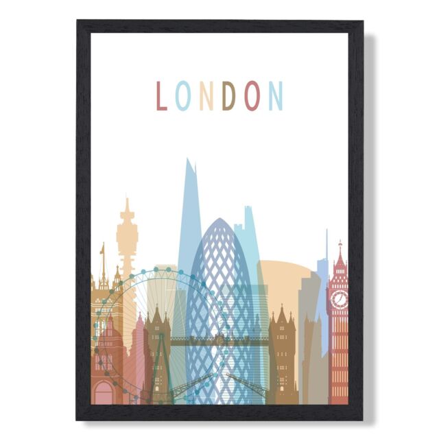 ARTZE London Colourful City Skyline Framed Print SIZE: A2 with Black Frame in Pale Blue - Size: A4 - image 1