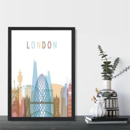 ARTZE London Colourful City Skyline Framed Print SIZE: A2 with Black Frame in Pale Blue - Size: A4 - thumbnail 2