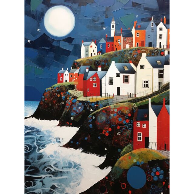 Artery8 Wall Art Print Seaside Village Houses on Cliff Folk Art Oil Painting Bathroom Artwork Full Moon Night Waves Coastal Landscape Poster - image 1