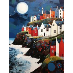 Artery8 Wall Art Print Seaside Village Houses on Cliff Folk Art Oil Painting Bathroom Artwork Full Moon Night Waves Coastal Landscape Poster - thumbnail 1