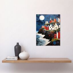 Artery8 Wall Art Print Seaside Village Houses on Cliff Folk Art Oil Painting Bathroom Artwork Full Moon Night Waves Coastal Landscape Poster - thumbnail 2