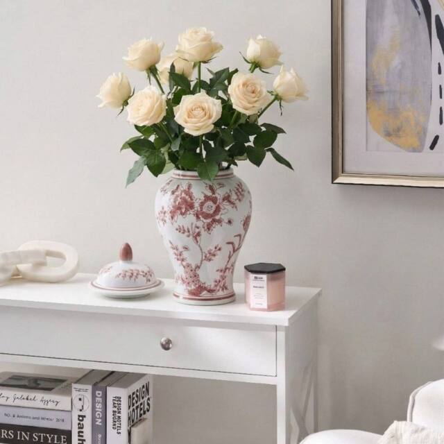 Wyld and Coco Porcelain Flower Vase with Lid - White and Red Ginger Jar Style - image 1