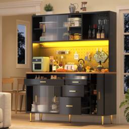 Merax Black Highboard Cabinet Kitchen Dresser with LED & Glass Doors - thumbnail 2