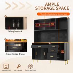 Merax Black Highboard Cabinet Kitchen Dresser with LED & Glass Doors - thumbnail 6