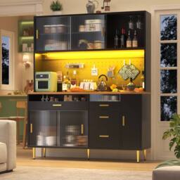 Merax Black Highboard Cabinet Kitchen Dresser with LED & Glass Doors - thumbnail 3