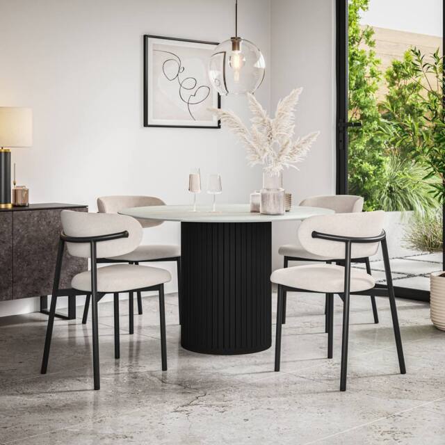 More4Homes Arlo White Marble Table Top W Black Legs + Myla Linen Dining Chair Set Of 6 in Beige - image 1