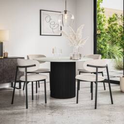 More4Homes Arlo White Marble Table Top W Black Legs + Myla Linen Dining Chair Set Of 6 in Beige - thumbnail 1