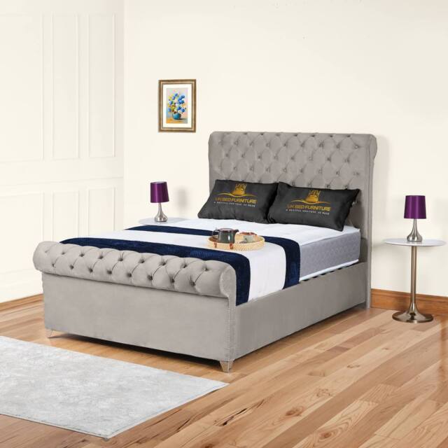"UK Bed Furniture Chesterfield Sleigh Upholstered Bed with 48"" Headboard - Slatted Base in Light Grey - Size: Single" - image 1