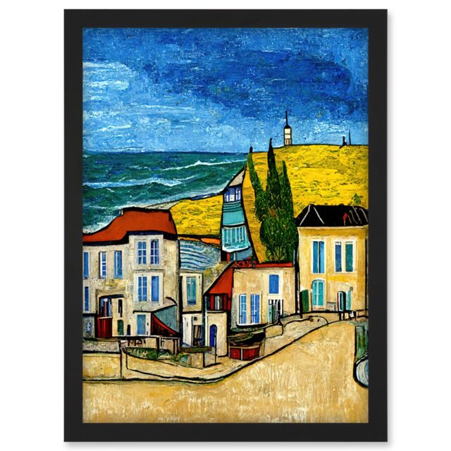 Artery8 Italy Rimini Seaside Town Van Gogh Style Modern Artwork Framed Wall Art Print A4 in Black - image 1
