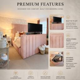 Stratus Interiors Modern Lined Panel Bed with Integrated TV Lift - Divan Ottoman Storage in Pink - Size: Super King - thumbnail 2