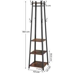 VASAGLE Industrial Coat Stand with 3 Shelves Ladder Design Hooks in Brown - thumbnail 3