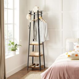 VASAGLE Industrial Coat Stand with 3 Shelves Ladder Design Hooks in Brown - thumbnail 4