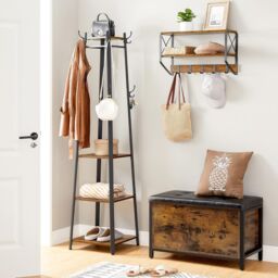VASAGLE Industrial Coat Stand with 3 Shelves Ladder Design Hooks in Brown - thumbnail 2