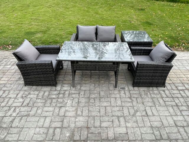 Fimous Wicker Outdoor Garden Furniture Set Patio Furniture Rattan Dining Table Lounge Sofa with Side Table in Dark Grey