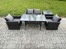 Fimous Wicker Outdoor Garden Furniture Set Patio Furniture Rattan Dining Table Lounge Sofa with Side Table in Dark Grey - thumbnail 1