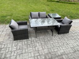 Fimous Wicker Outdoor Garden Furniture Set Patio Furniture Rattan Dining Table Lounge Sofa with Side Table in Dark Grey - thumbnail 2