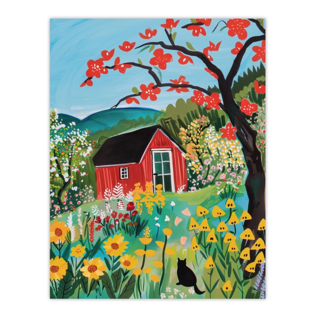 "Artery8 Red Cabin in Wildflower Valley Painting Colourful Wall Art Print - Size: W24"" x H32""" - image 1