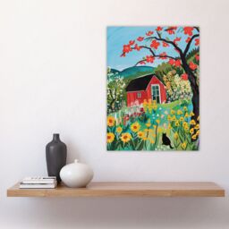"Artery8 Red Cabin in Wildflower Valley Painting Colourful Wall Art Print - Size: W24"" x H32""" - thumbnail 4