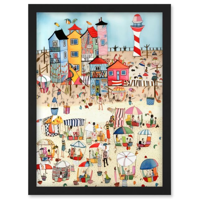 Artery8 Day At The Seaside Abstract Folk Art Artwork Framed Wall Art Print A4 in Black - image 1