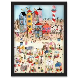 Artery8 Day At The Seaside Abstract Folk Art Artwork Framed Wall Art Print A4 in Black - thumbnail 1