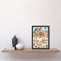 Artery8 Day At The Seaside Abstract Folk Art Artwork Framed Wall Art Print A4 in Black - thumbnail 2