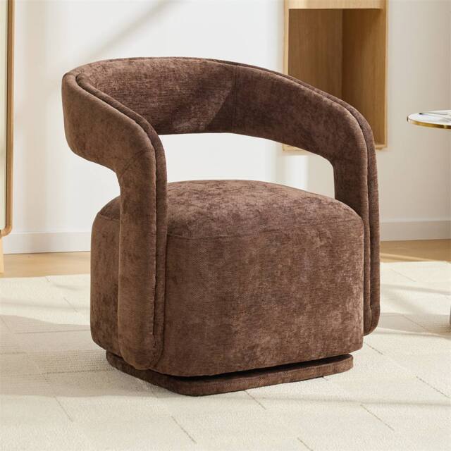 Direct Wicker Chenille 360 Degrees Swivel Armchair with Fabric Covered Wooden Base in Brown - Size: 1 Pack - image 1
