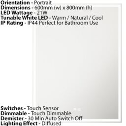 Loops 600 x 800mm IP44 LED Bathroom Mirror & Demister Tunable White Illuminated Border - thumbnail 2