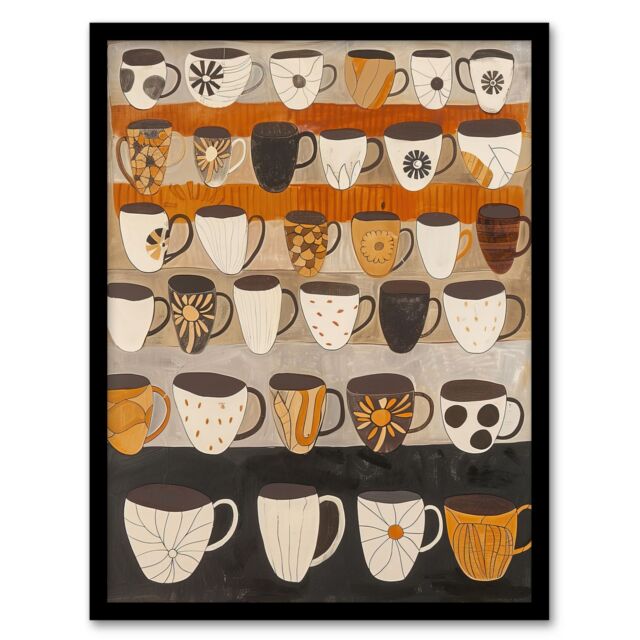 "Artery8 Rustic Earthy Tea Coffee Mugs Folk Art Retro Framed Art Print in Brown - Size: W12"" x H16""" - image 1