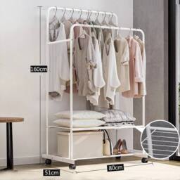 KORVIXA Wheeled Metal Clothing Rack Garment Coat Shelving in White - Size: 900mm - thumbnail 2