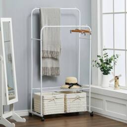 KORVIXA Wheeled Metal Clothing Rack Garment Coat Shelving in White - Size: 900mm - thumbnail 3