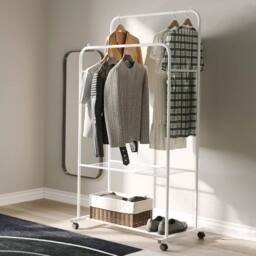 KORVIXA Wheeled Metal Clothing Rack Garment Coat Shelving in White - Size: 900mm - thumbnail 4