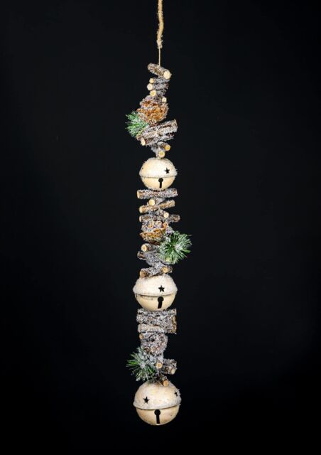 Shatchi Hanging Decoration with Jingle Bells Wooden Sticks, Berries & Pinecones Christmas Home Wall Door 90cm Cream in Gold - image 1
