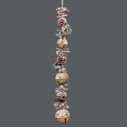 Shatchi Hanging Decoration with Jingle Bells Wooden Sticks, Berries & Pinecones Christmas Home Wall Door 90cm Cream in Gold - thumbnail 5