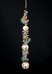 Shatchi Hanging Decoration with Jingle Bells Wooden Sticks, Berries & Pinecones Christmas Home Wall Door 90cm Cream in Gold