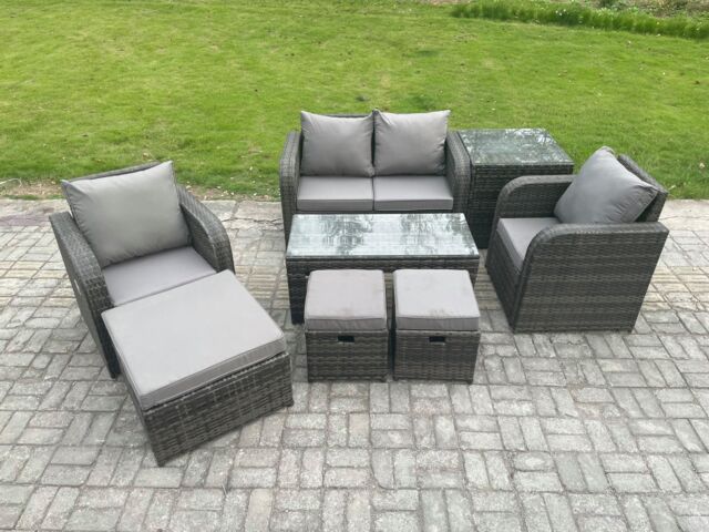 Fimous 7 Seater Rattan Lounge Sofa Set Outdoor Garden Furniture Set with Rectangular Coffee Table Love Sofa Side Table in Dark Grey - image 1