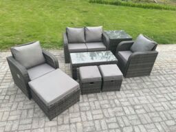 Fimous 7 Seater Rattan Lounge Sofa Set Outdoor Garden Furniture Set with Rectangular Coffee Table Love Sofa Side Table in Dark Grey - thumbnail 2