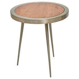 Orsina Acacia Wood Round Side Table-Metallic Small Table-Gold Aluminium Framed Bedside Table-Natural Round Table in Natural - thumbnail 2