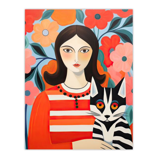"Artery8 Wall Art Print Cat Woman Henri Matisse Style Floral Portrait Poster Picture - Size: W18"" x H24""" - image 1