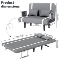 EONLION Double Fabric Sofa Bed Sleeper Couch Sofabed in Grey - thumbnail 2