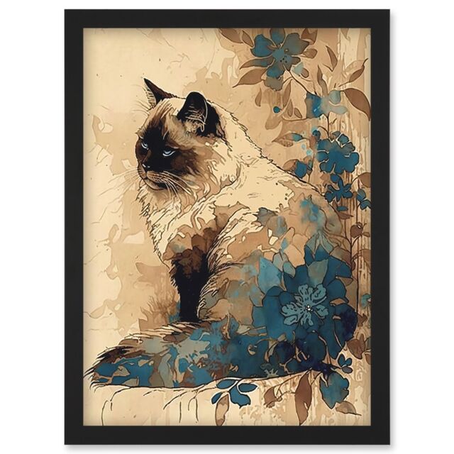 Artery8 Ragdoll Cat with Floral Patterns Watercolour Illustration Artwork Framed Wall Art Print A4 in Black - image 1