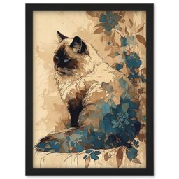 Artery8 Ragdoll Cat with Floral Patterns Watercolour Illustration Artwork Framed Wall Art Print A4 in Black - thumbnail 1