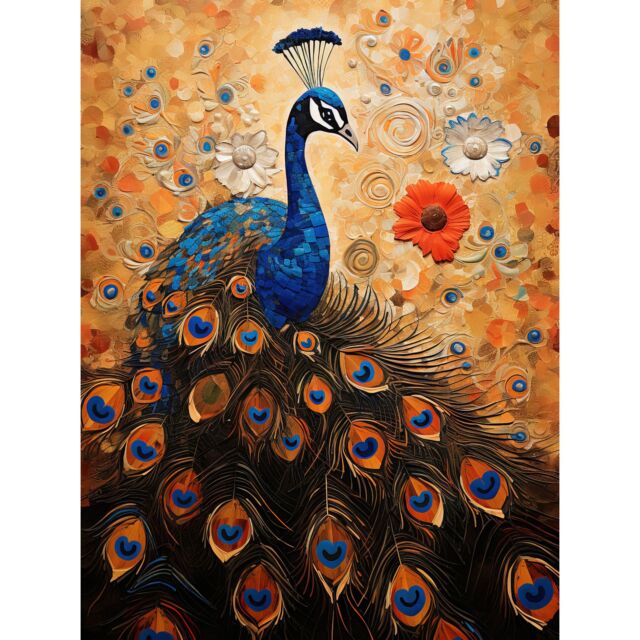 "Artery8 Wall Art Print Peacock Bird Gustav Klimt Style Oil Painting Gold Orange Blue Portrait with Flowers Poster - Size: W12"" x H16""" - image 1
