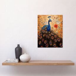 "Artery8 Wall Art Print Peacock Bird Gustav Klimt Style Oil Painting Gold Orange Blue Portrait with Flowers Poster - Size: W12"" x H16""" - thumbnail 2