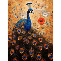 "Artery8 Wall Art Print Peacock Bird Gustav Klimt Style Oil Painting Gold Orange Blue Portrait with Flowers Poster - Size: W12"" x H16""" - thumbnail 1